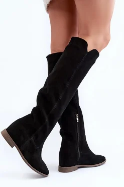 Zazoo 3407 Zamszowe Kozaki Do Kolana Na Płaskim Obcasie Czarne Czarny