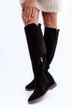 Zazoo 3407 Zamszowe Kozaki Do Kolana Na Płaskim Obcasie Czarne Czarny