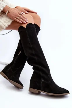 Zazoo 3407 Zamszowe Kozaki Do Kolana Na Płaskim Obcasie Czarne Czarny