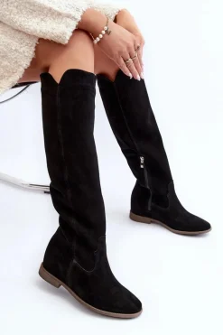 Zazoo 3407 Zamszowe Kozaki Do Kolana Na Płaskim Obcasie Czarne Czarny