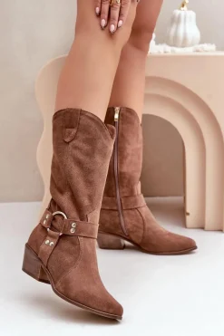 Kozaki Ocieplane|Kozaki Na Słupku>Zazoo 3669 Zamszowe Kozaki Kowbojki Damskie Do Połowy Łydki Brązowe
