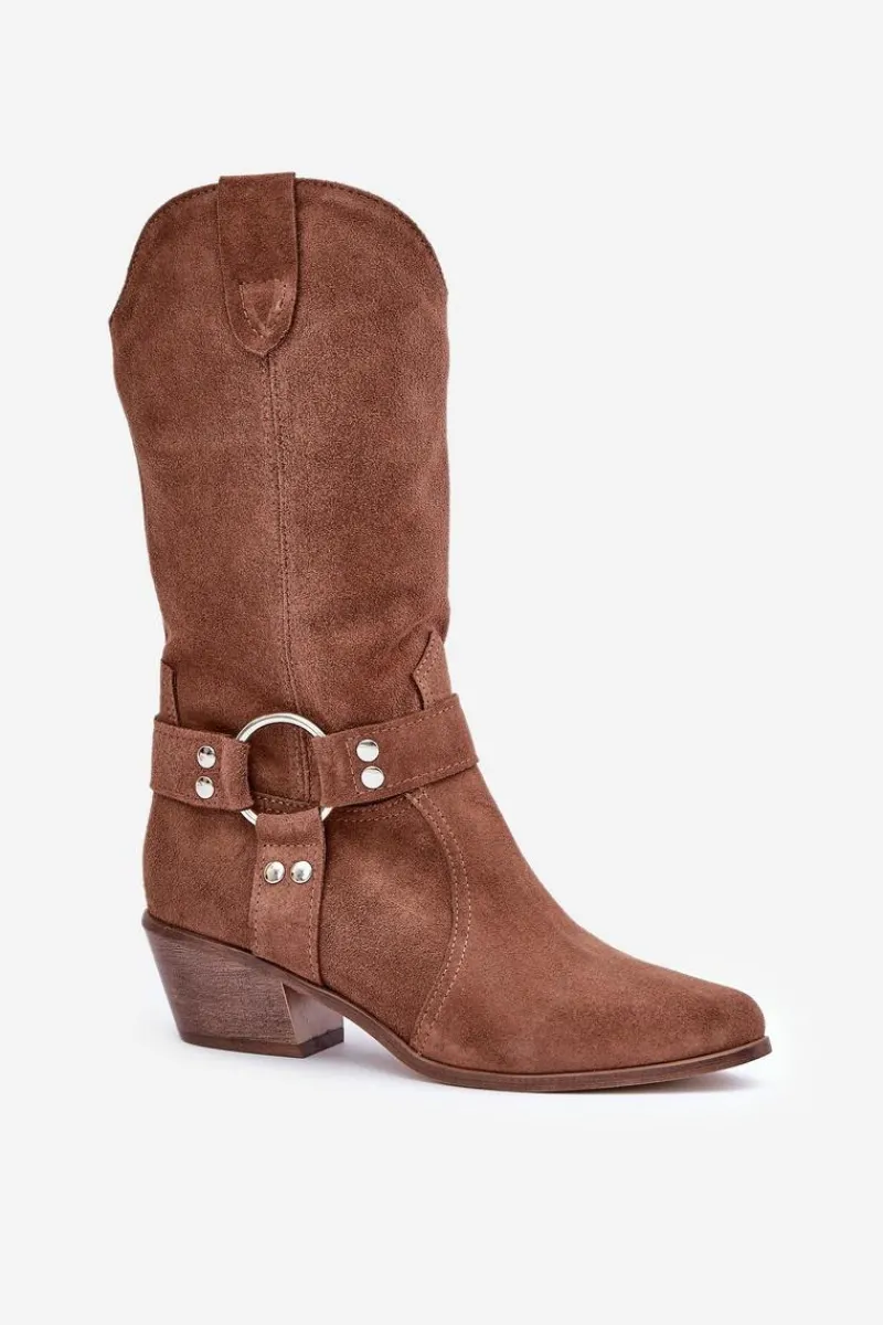 Kozaki Ocieplane|Kozaki Na Słupku>Zazoo 3669 Zamszowe Kozaki Kowbojki Damskie Do Połowy Łydki Brązowe