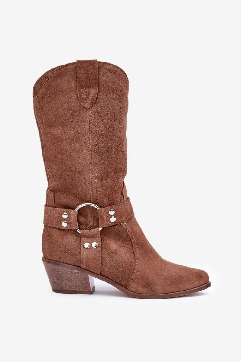 Kozaki Ocieplane|Kozaki Na Słupku>Zazoo 3669 Zamszowe Kozaki Kowbojki Damskie Do Połowy Łydki Brązowe