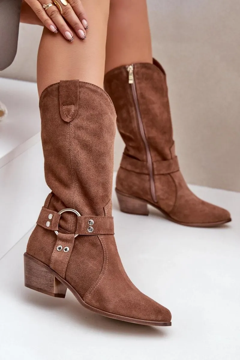 Kozaki Ocieplane|Kozaki Na Słupku>Zazoo 3669 Zamszowe Kozaki Kowbojki Damskie Do Połowy Łydki Brązowe