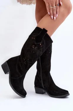 Discount 4043 Zamszowe Kozaki Na Niskim Obcasie Ażurowe Czarne Damskie Kozaki Na Słupku|Kozaki Wiosenne