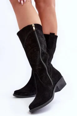 Discount 4043 Zamszowe Kozaki Na Niskim Obcasie Ażurowe Czarne Damskie Kozaki Na Słupku|Kozaki Wiosenne
