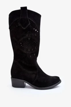Discount 4043 Zamszowe Kozaki Na Niskim Obcasie Ażurowe Czarne Damskie Kozaki Na Słupku|Kozaki Wiosenne