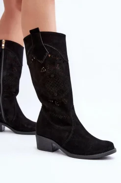 Discount 4043 Zamszowe Kozaki Na Niskim Obcasie Ażurowe Czarne Damskie Kozaki Na Słupku|Kozaki Wiosenne