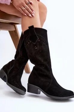 Discount 4043 Zamszowe Kozaki Na Niskim Obcasie Ażurowe Czarne Damskie Kozaki Na Słupku|Kozaki Wiosenne