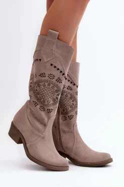 Clearance Zazoo 4043 Zamszowe Kozaki Na Niskim Obcasie Ażurowe Cappucino Beżowy