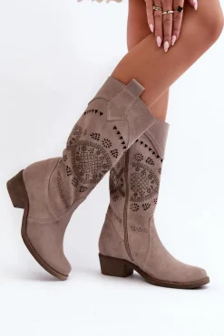 Clearance Zazoo 4043 Zamszowe Kozaki Na Niskim Obcasie Ażurowe Cappucino Beżowy