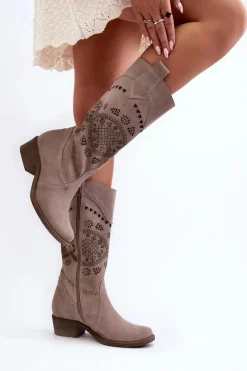 Clearance Zazoo 4043 Zamszowe Kozaki Na Niskim Obcasie Ażurowe Cappucino Beżowy