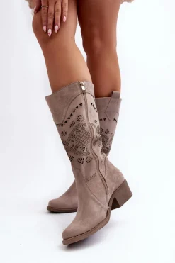 Clearance Zazoo 4043 Zamszowe Kozaki Na Niskim Obcasie Ażurowe Cappucino Beżowy