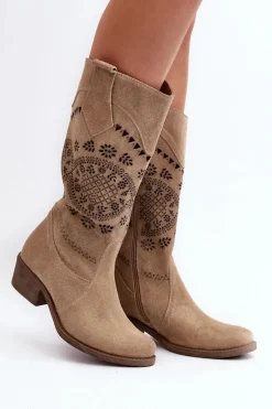 Kozaki Wiosenne|Kozaki Ażurowe>Zazoo 4043 Zamszowe Kozaki Na Niskim Obcasie Ażurowe Beżowe