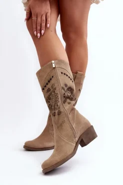 Kozaki Wiosenne|Kozaki Ażurowe>Zazoo 4043 Zamszowe Kozaki Na Niskim Obcasie Ażurowe Beżowe