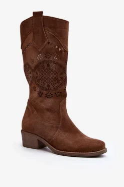 Sale 4043 Zamszowe Kozaki Na Niskim Obcasie Ażurowe Brązowe Damskie Kozaki Wiosenne|Kozaki Ażurowe