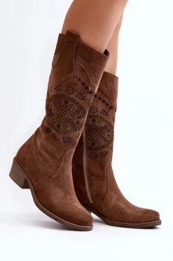 Sale 4043 Zamszowe Kozaki Na Niskim Obcasie Ażurowe Brązowe Damskie Kozaki Wiosenne|Kozaki Ażurowe