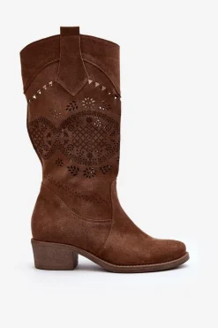 Sale 4043 Zamszowe Kozaki Na Niskim Obcasie Ażurowe Brązowe Damskie Kozaki Wiosenne|Kozaki Ażurowe