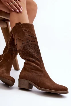 Sale 4043 Zamszowe Kozaki Na Niskim Obcasie Ażurowe Brązowe Damskie Kozaki Wiosenne|Kozaki Ażurowe