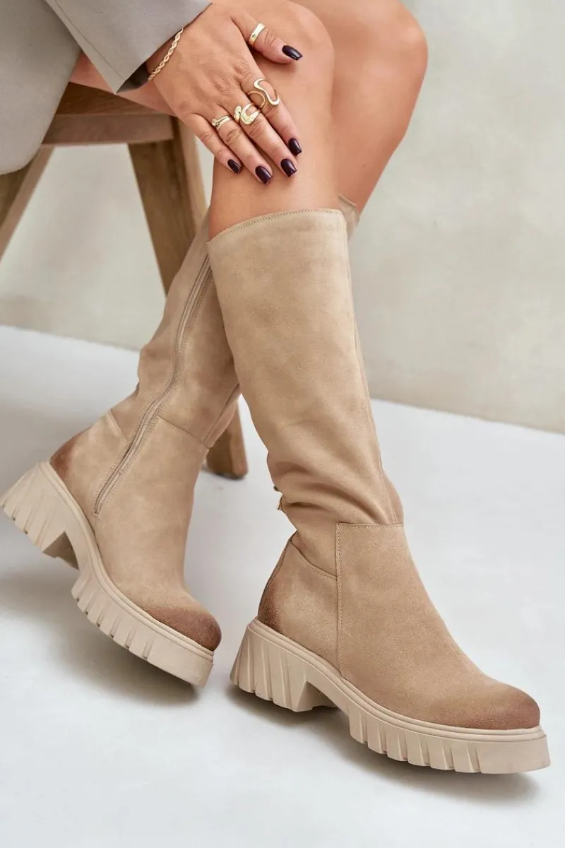 Outlet 70145 Zamszowe Kozaki Przed Kolano Ocieplane Beżowe Damskie Kozaki Ocieplane|Kozaki Przed Kolano