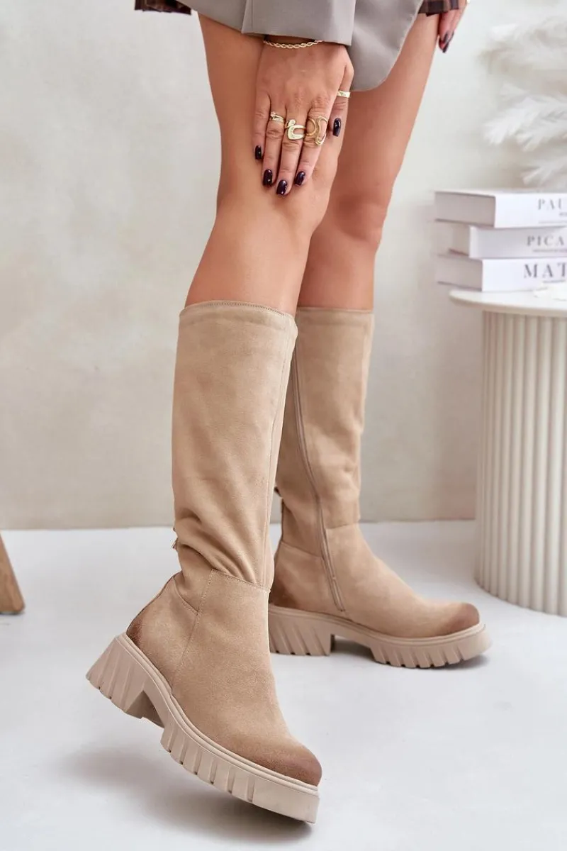 Outlet 70145 Zamszowe Kozaki Przed Kolano Ocieplane Beżowe Damskie Kozaki Ocieplane|Kozaki Przed Kolano