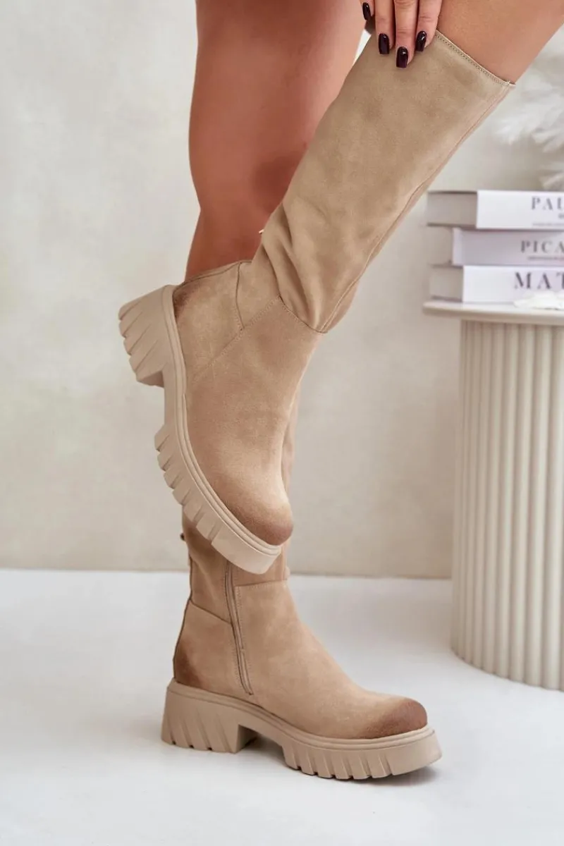 Outlet 70145 Zamszowe Kozaki Przed Kolano Ocieplane Beżowe Damskie Kozaki Ocieplane|Kozaki Przed Kolano