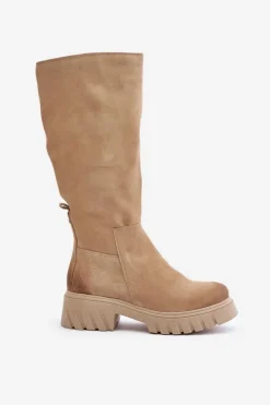 Outlet 70145 Zamszowe Kozaki Przed Kolano Ocieplane Beżowe Damskie Kozaki Ocieplane|Kozaki Przed Kolano