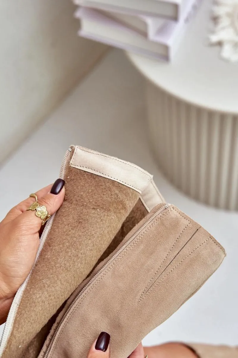 Outlet 70145 Zamszowe Kozaki Przed Kolano Ocieplane Beżowe Damskie Kozaki Ocieplane|Kozaki Przed Kolano