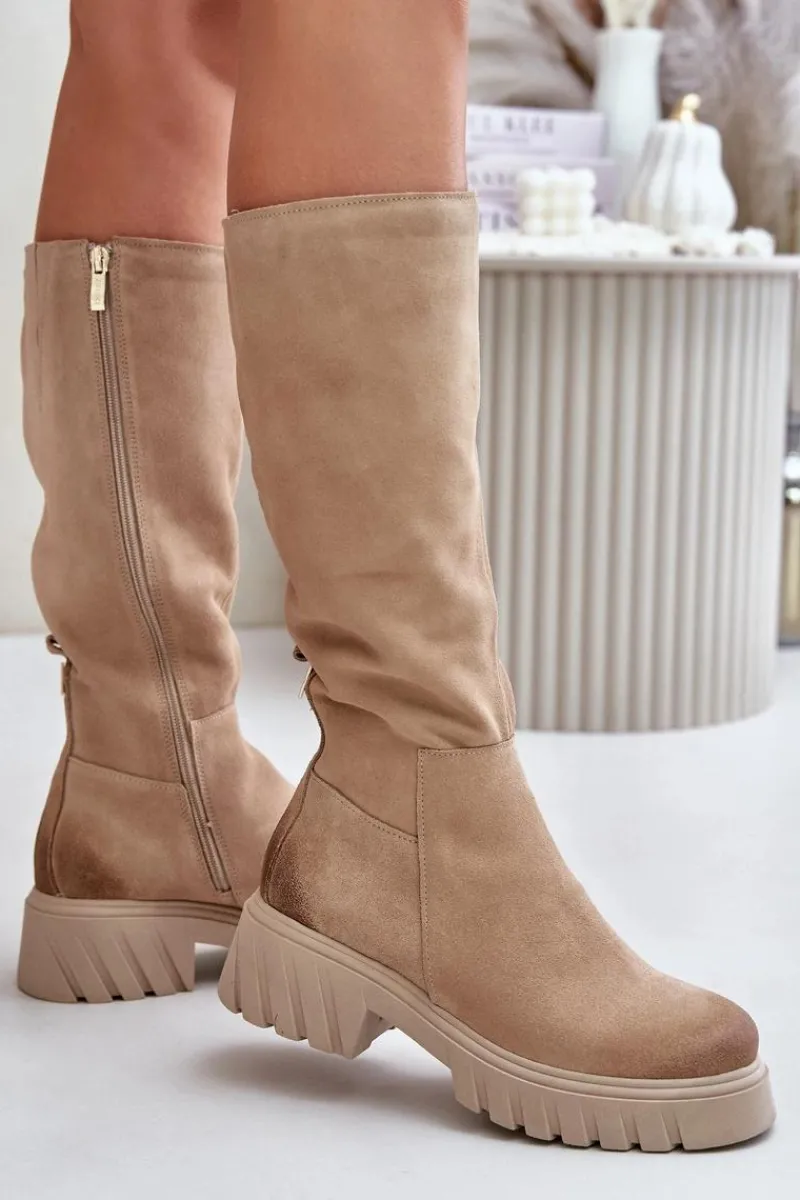 Outlet 70145 Zamszowe Kozaki Przed Kolano Ocieplane Beżowe Damskie Kozaki Ocieplane|Kozaki Przed Kolano