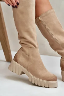 Outlet 70145 Zamszowe Kozaki Przed Kolano Ocieplane Beżowe Damskie Kozaki Ocieplane|Kozaki Przed Kolano