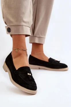 Loafersy Damskie|Mokasyny Płaskie>Zazoo 3420 Zamszowe Mokasyny Damskie Na Płaskim Obcasie Czarne Czarny