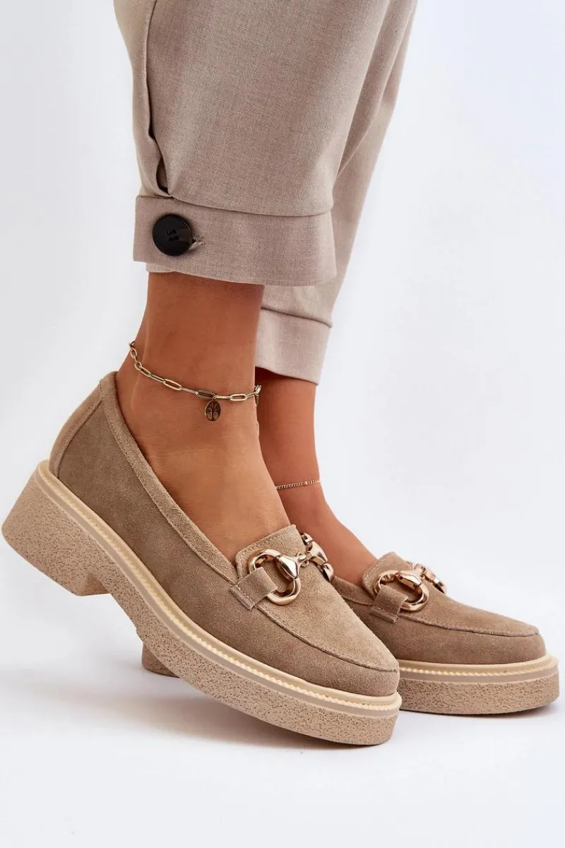 Online Zazoo 3429 Zamszowe Mokasyny Damskie Z Ozdobą Beżowe Beżowy