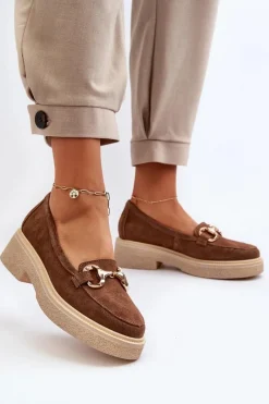 Hot 3429 Zamszowe Mokasyny Damskie Z Ozdobą Brązowe Damskie Loafersy Damskie|Mokasyny Płaskie