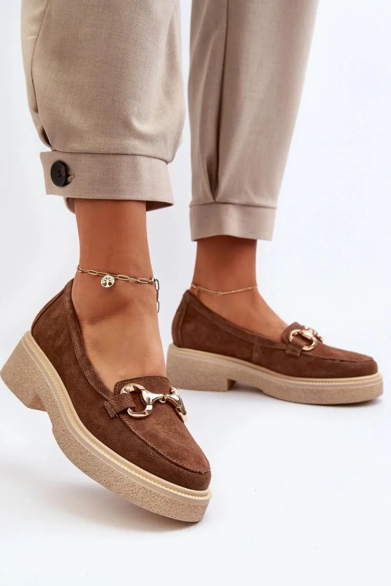 Hot 3429 Zamszowe Mokasyny Damskie Z Ozdobą Brązowe Damskie Loafersy Damskie|Mokasyny Płaskie