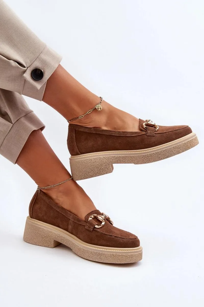 Hot 3429 Zamszowe Mokasyny Damskie Z Ozdobą Brązowe Damskie Loafersy Damskie|Mokasyny Płaskie