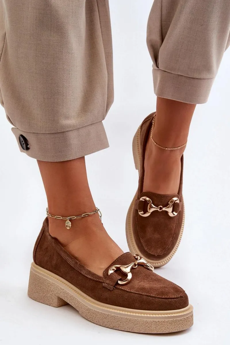 Hot 3429 Zamszowe Mokasyny Damskie Z Ozdobą Brązowe Damskie Loafersy Damskie|Mokasyny Płaskie
