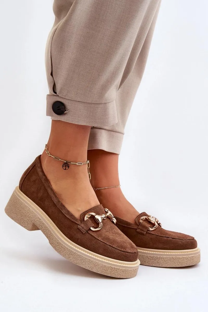 Hot 3429 Zamszowe Mokasyny Damskie Z Ozdobą Brązowe Damskie Loafersy Damskie|Mokasyny Płaskie