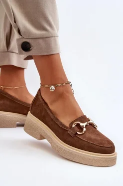 Hot 3429 Zamszowe Mokasyny Damskie Z Ozdobą Brązowe Damskie Loafersy Damskie|Mokasyny Płaskie