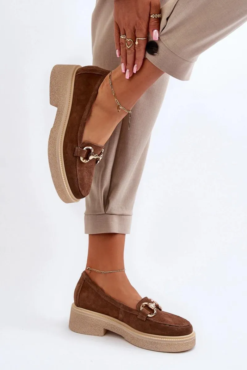 Hot 3429 Zamszowe Mokasyny Damskie Z Ozdobą Brązowe Damskie Loafersy Damskie|Mokasyny Płaskie