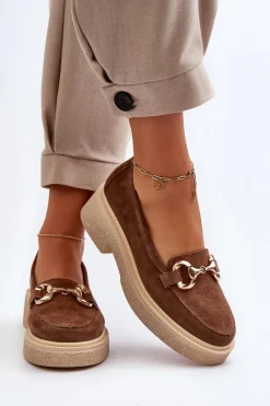 Hot 3429 Zamszowe Mokasyny Damskie Z Ozdobą Brązowe Damskie Loafersy Damskie|Mokasyny Płaskie