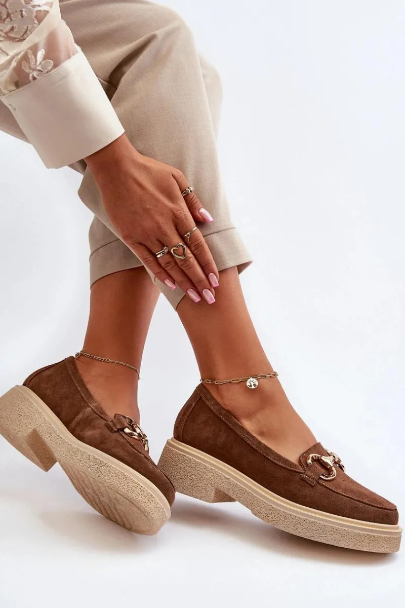 Hot 3429 Zamszowe Mokasyny Damskie Z Ozdobą Brązowe Damskie Loafersy Damskie|Mokasyny Płaskie