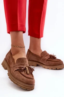 Loafersy Damskie|Mokasyny Płaskie>Zazoo 3469 Zamszowe Mokasyny Damskie Z Frędzlami Brązowe Brązowy