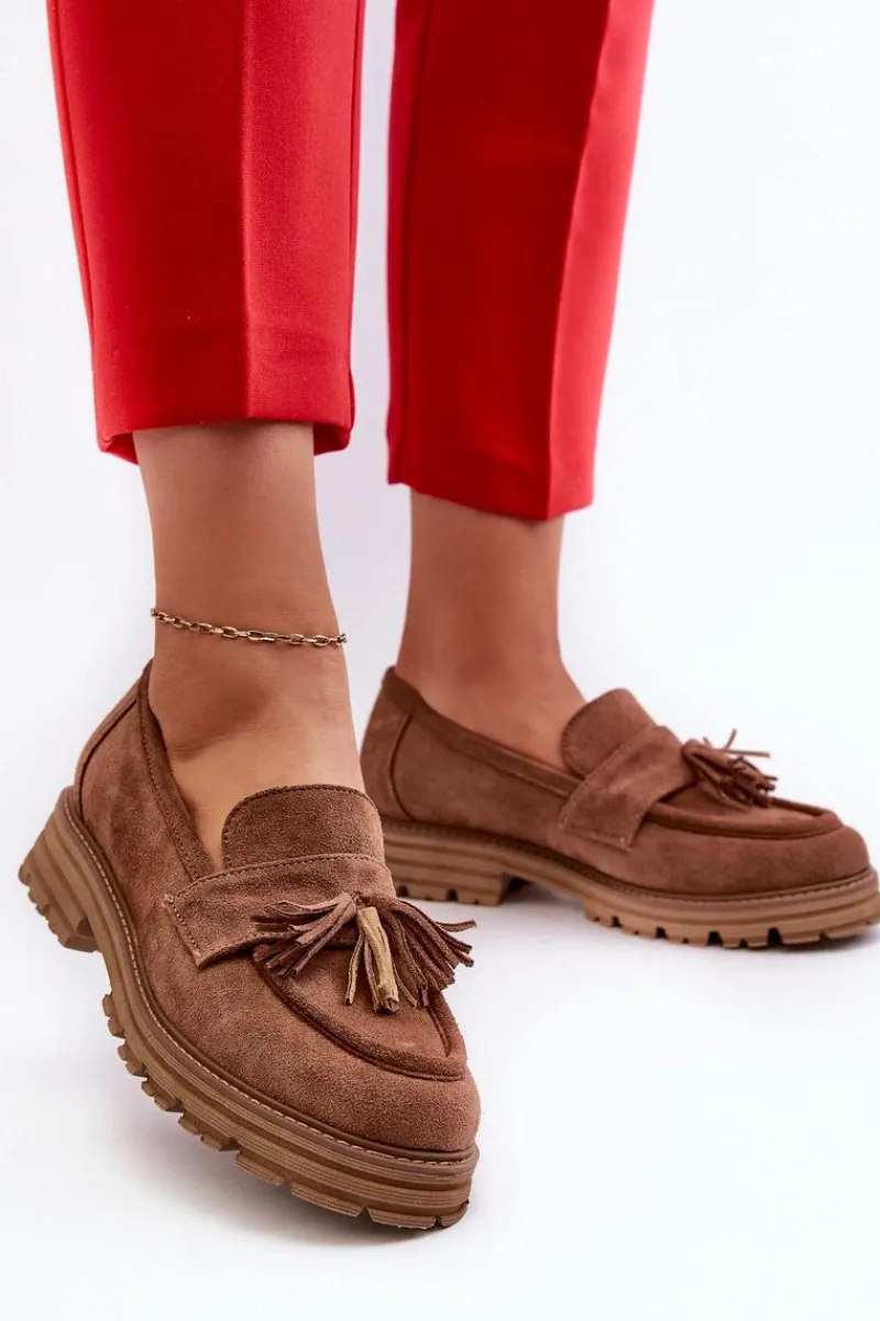 Loafersy Damskie|Mokasyny Płaskie>Zazoo 3469 Zamszowe Mokasyny Damskie Z Frędzlami Brązowe Brązowy