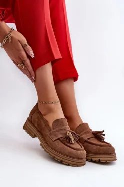 Loafersy Damskie|Mokasyny Płaskie>Zazoo 3469 Zamszowe Mokasyny Damskie Z Frędzlami Brązowe Brązowy