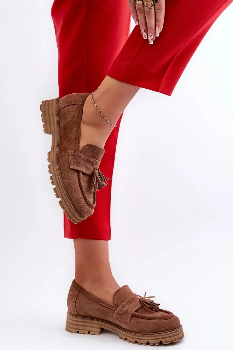 Loafersy Damskie|Mokasyny Płaskie>Zazoo 3469 Zamszowe Mokasyny Damskie Z Frędzlami Brązowe Brązowy