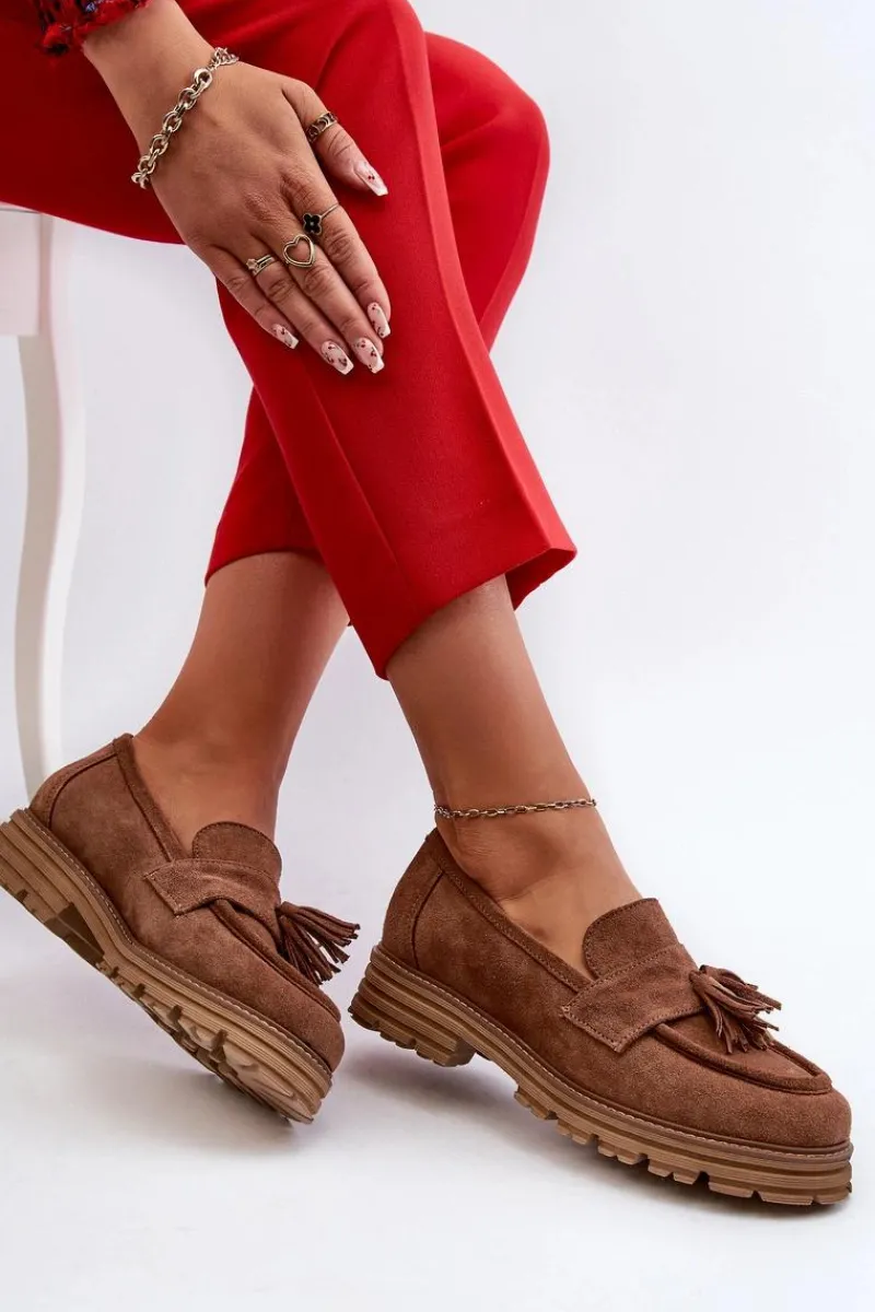 Loafersy Damskie|Mokasyny Płaskie>Zazoo 3469 Zamszowe Mokasyny Damskie Z Frędzlami Brązowe Brązowy