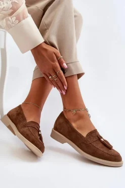 3420 Zamszowe Mokasyny Damskie Na Płaskim Obcasie Brązowe Damskie Loafersy Damskie|Mokasyny Płaskie