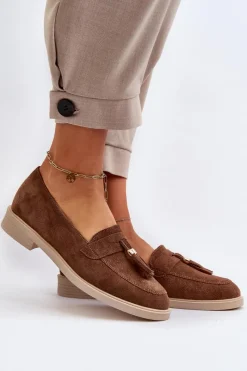 3420 Zamszowe Mokasyny Damskie Na Płaskim Obcasie Brązowe Damskie Loafersy Damskie|Mokasyny Płaskie