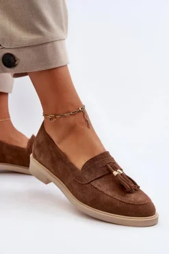 3420 Zamszowe Mokasyny Damskie Na Płaskim Obcasie Brązowe Damskie Loafersy Damskie|Mokasyny Płaskie