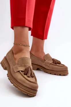 Sale 3469 Zamszowe Mokasyny Damskie Z Frędzlami Beżowe Damskie Loafersy Damskie|Mokasyny Płaskie